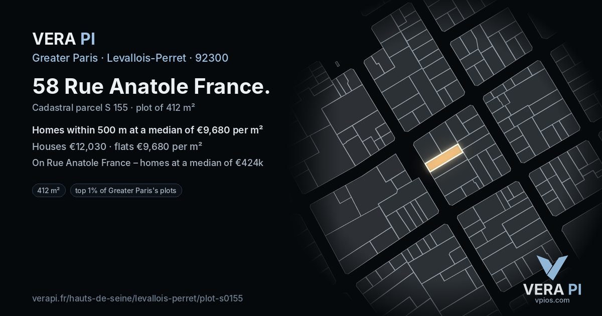 58 Rue Anatole France, Levallois-Perret at night – the plot lit, the parcels around coloured by the prices near them
