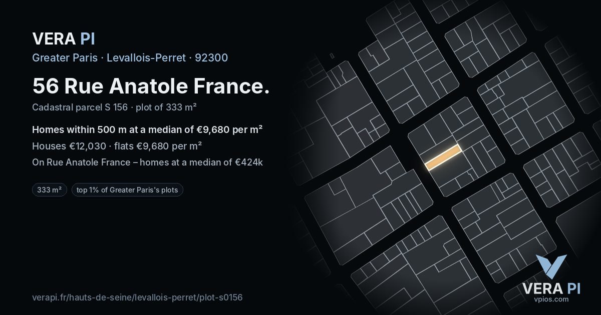 56 Rue Anatole France, Levallois-Perret at night – the plot lit, the parcels around coloured by the prices near them