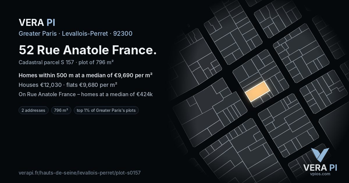 52 Rue Anatole France, Levallois-Perret at night – the plot lit, the parcels around coloured by the prices near them