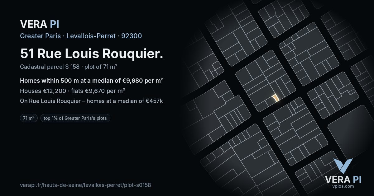 51 Rue Louis Rouquier, Levallois-Perret at night – the plot lit, the parcels around coloured by the prices near them