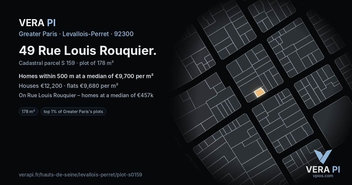 49 Rue Louis Rouquier, Levallois-Perret at night – the plot lit, the parcels around coloured by the prices near them