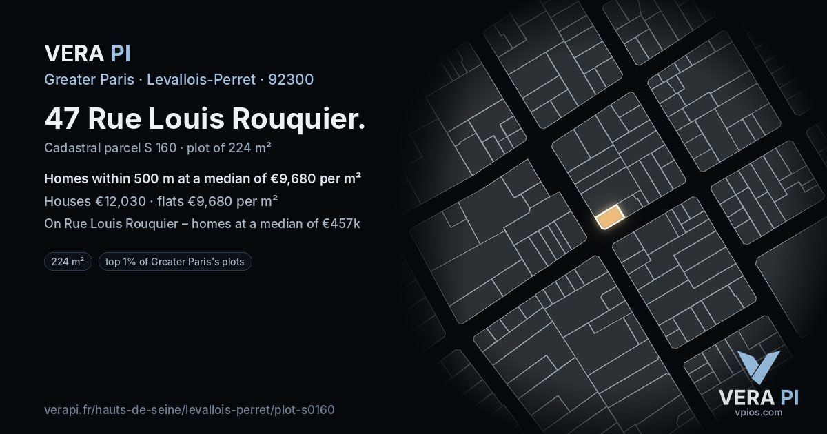 47 Rue Louis Rouquier, Levallois-Perret at night – the plot lit, the parcels around coloured by the prices near them