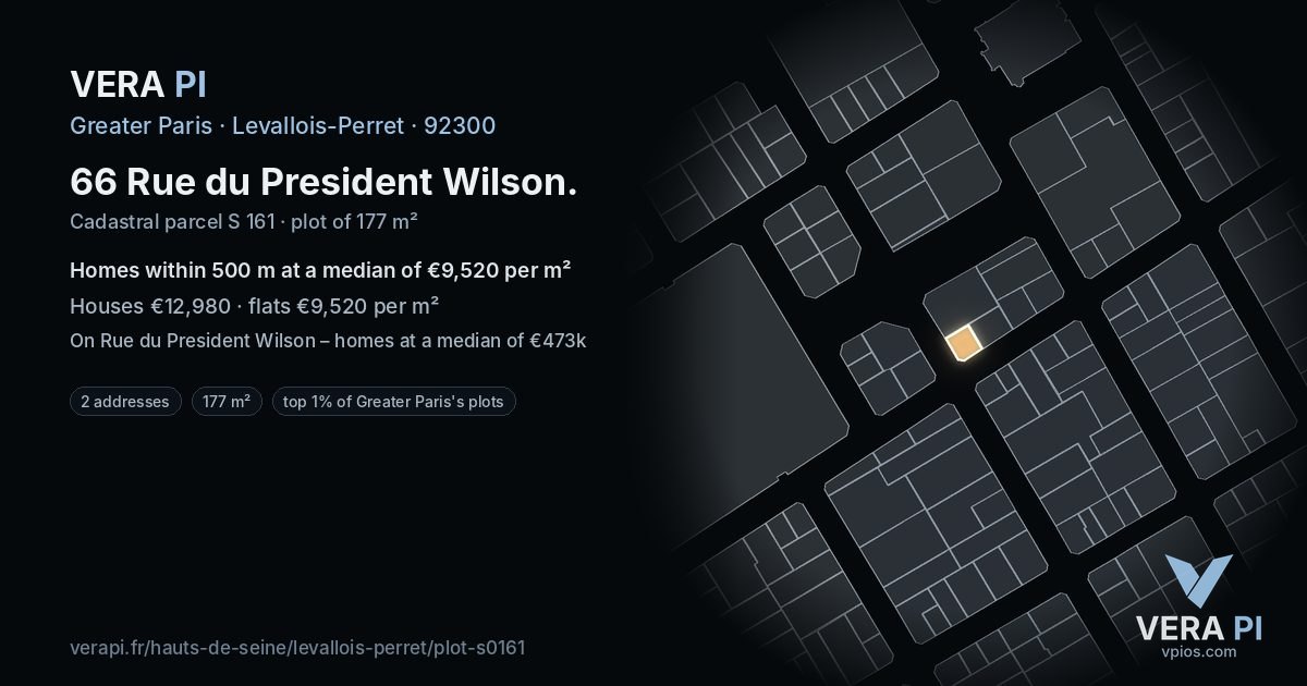 66 Rue du President Wilson, Levallois-Perret at night – the plot lit, the parcels around coloured by the prices near them