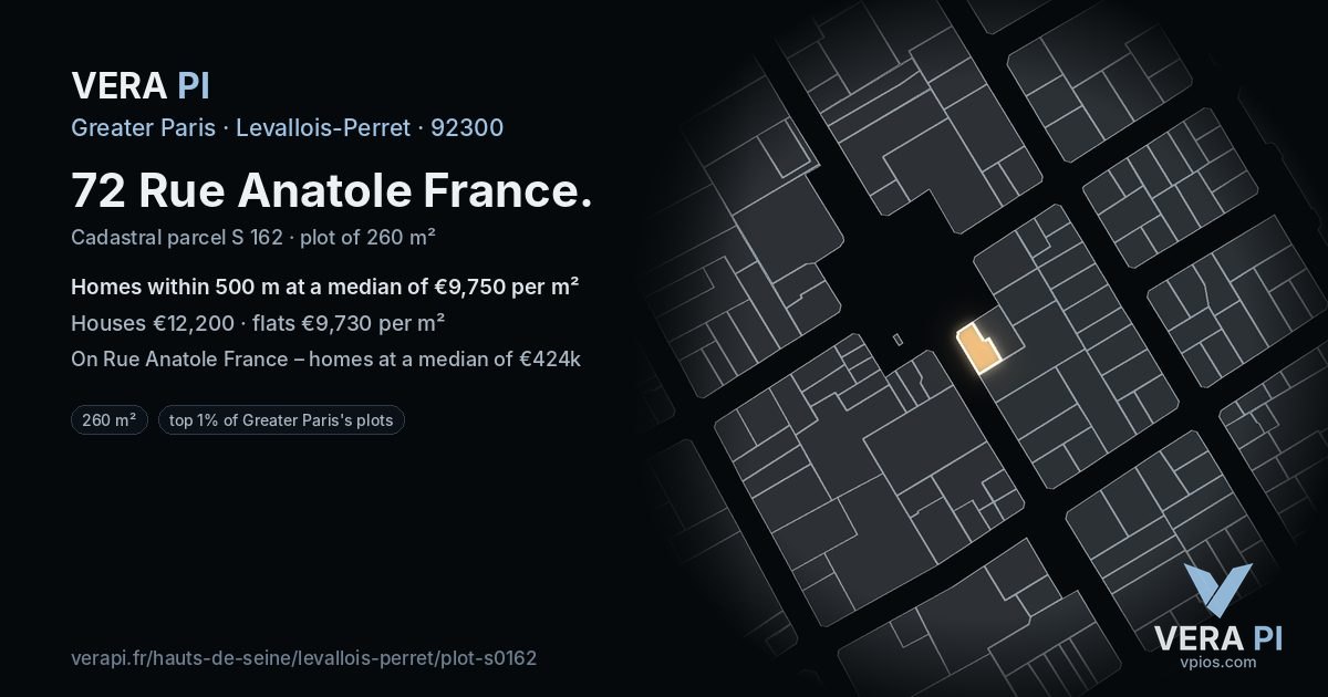 72 Rue Anatole France, Levallois-Perret at night – the plot lit, the parcels around coloured by the prices near them