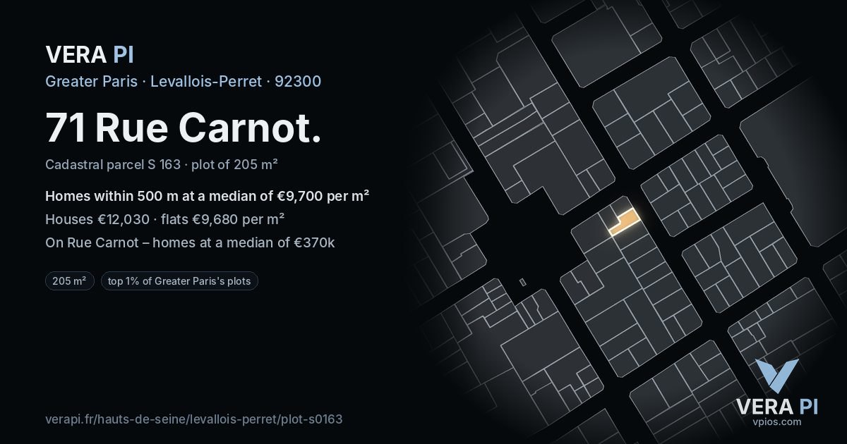 71 Rue Carnot, Levallois-Perret at night – the plot lit, the parcels around coloured by the prices near them