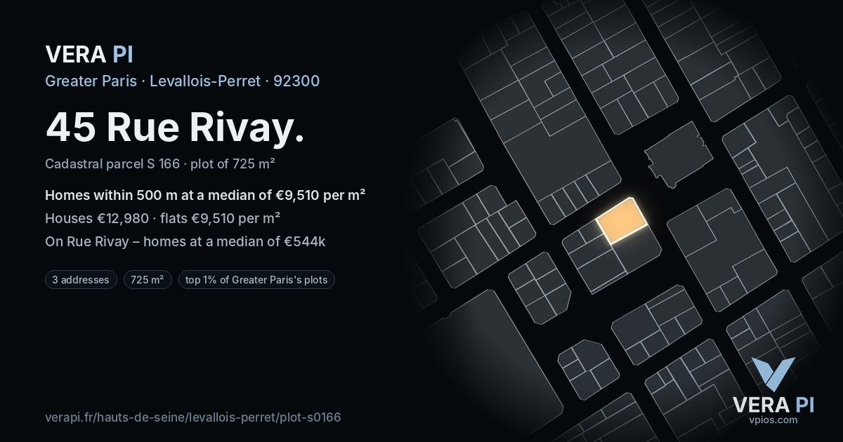 45 Rue Rivay, Levallois-Perret at night – the plot lit, the parcels around coloured by the prices near them