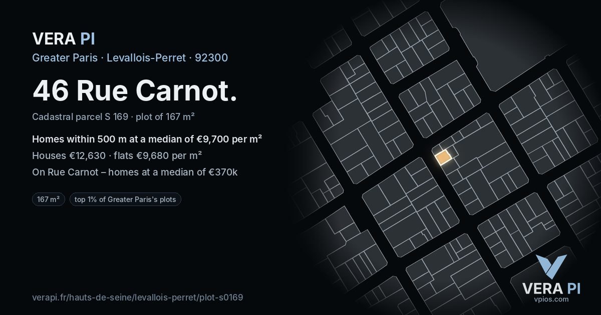 46 Rue Carnot, Levallois-Perret at night – the plot lit, the parcels around coloured by the prices near them