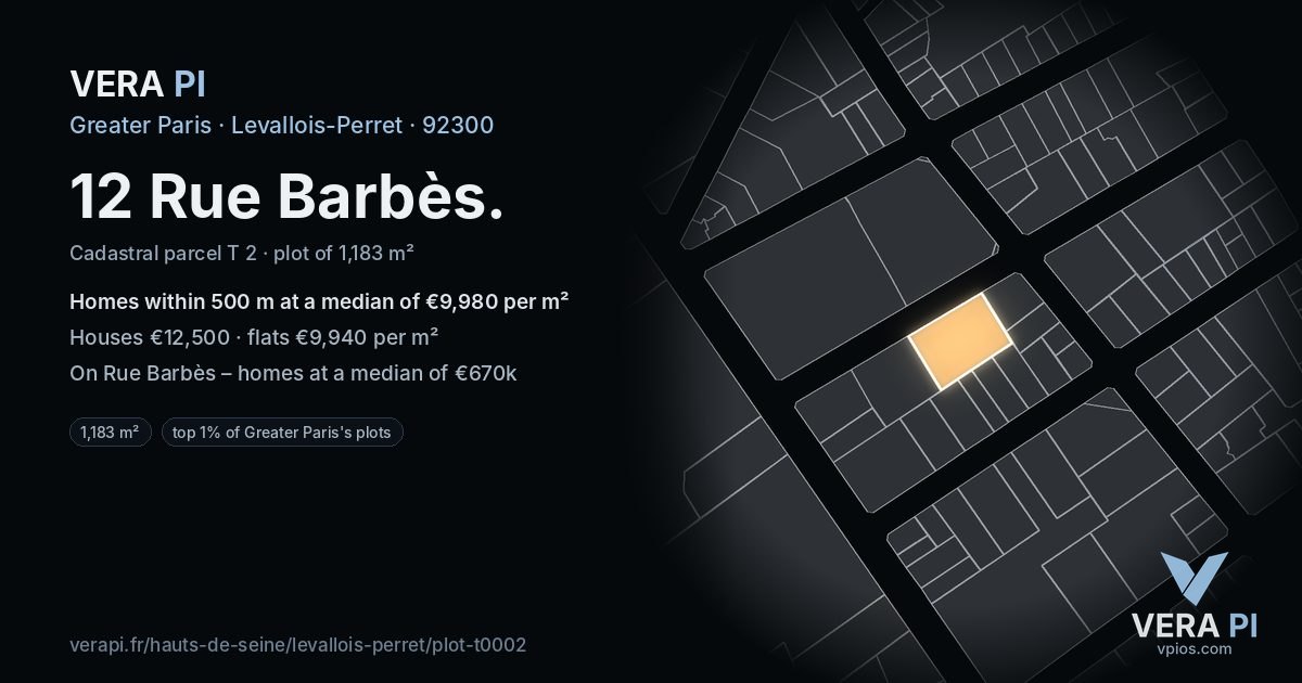 12 Rue Barbès, Levallois-Perret at night – the plot lit, the parcels around coloured by the prices near them