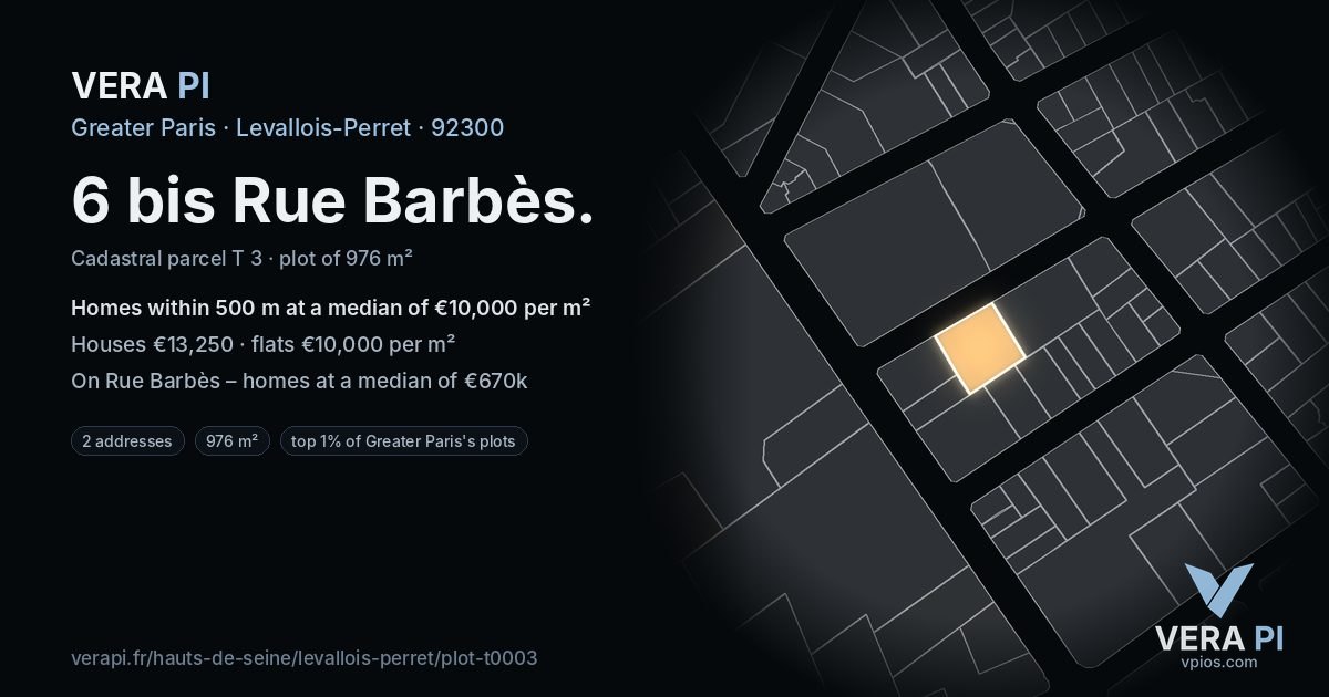 6 bis Rue Barbès, Levallois-Perret at night – the plot lit, the parcels around coloured by the prices near them
