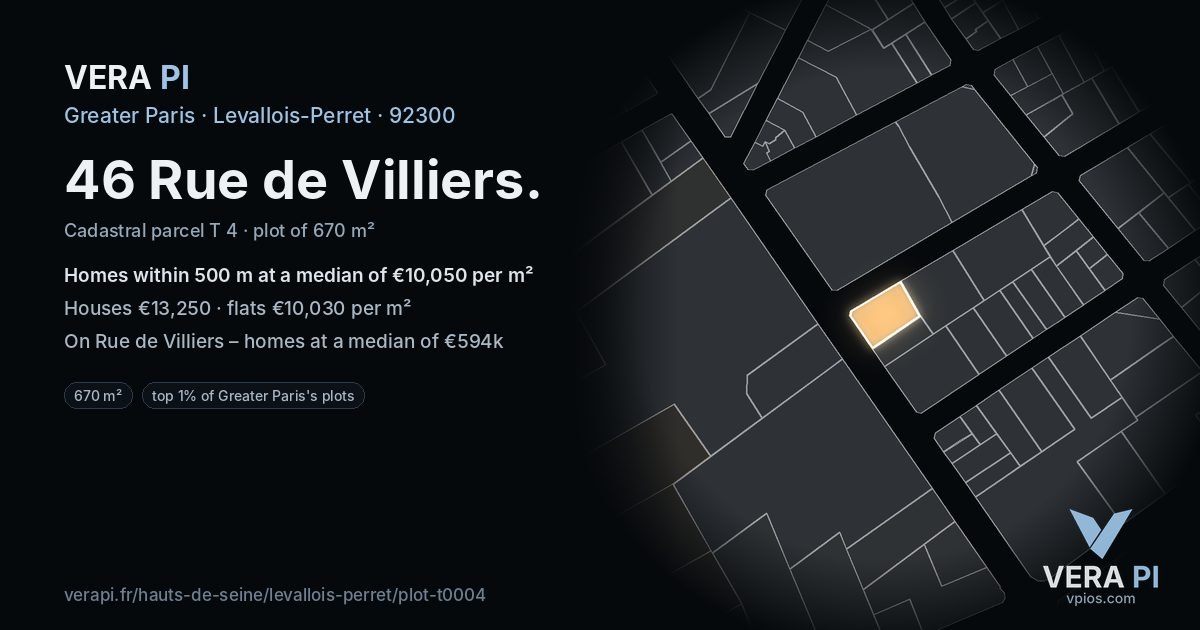 46 Rue de Villiers, Levallois-Perret at night – the plot lit, the parcels around coloured by the prices near them