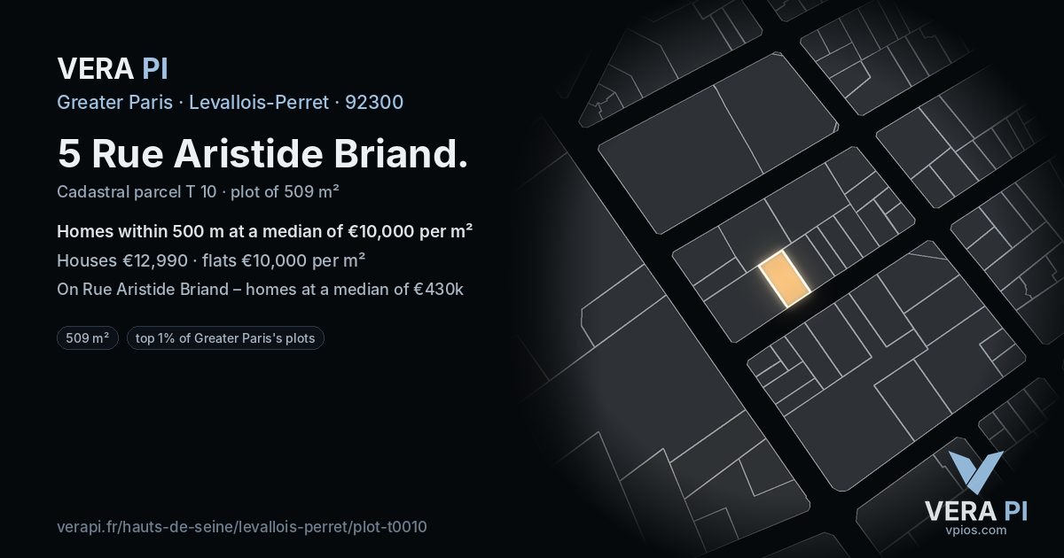 5 Rue Aristide Briand, Levallois-Perret at night – the plot lit, the parcels around coloured by the prices near them