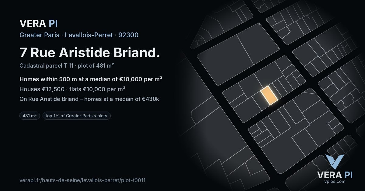 7 Rue Aristide Briand, Levallois-Perret at night – the plot lit, the parcels around coloured by the prices near them