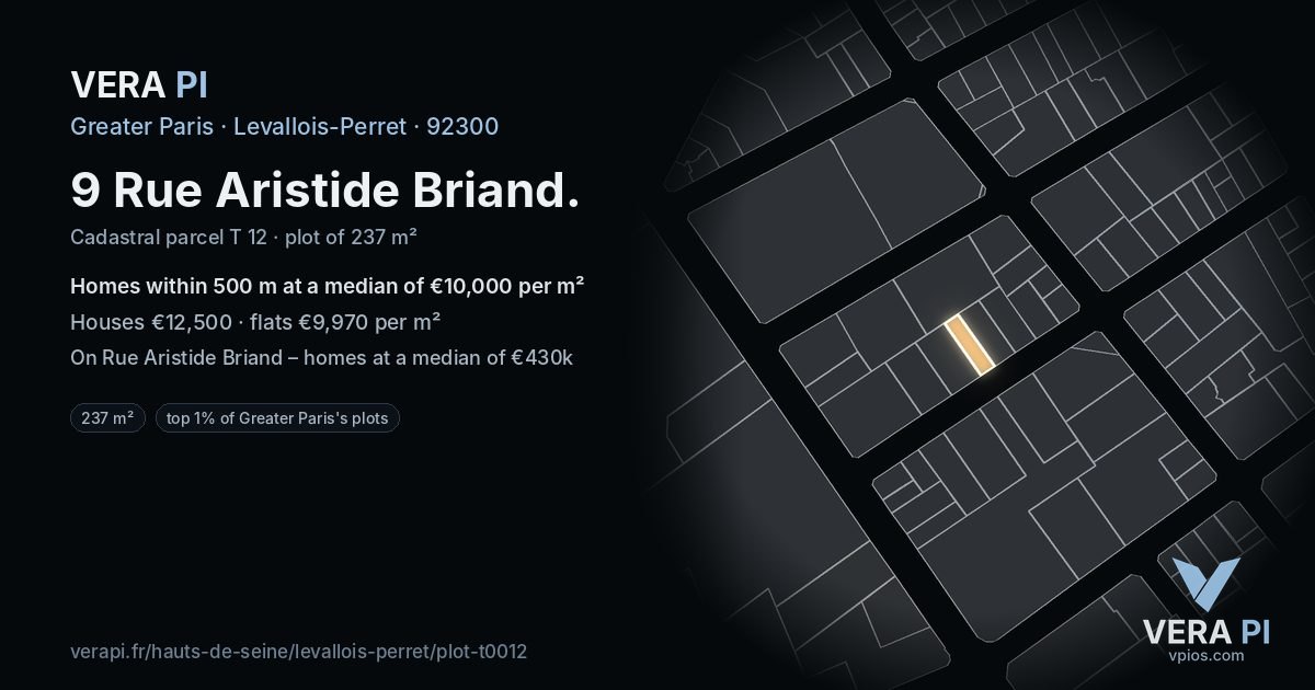 9 Rue Aristide Briand, Levallois-Perret at night – the plot lit, the parcels around coloured by the prices near them