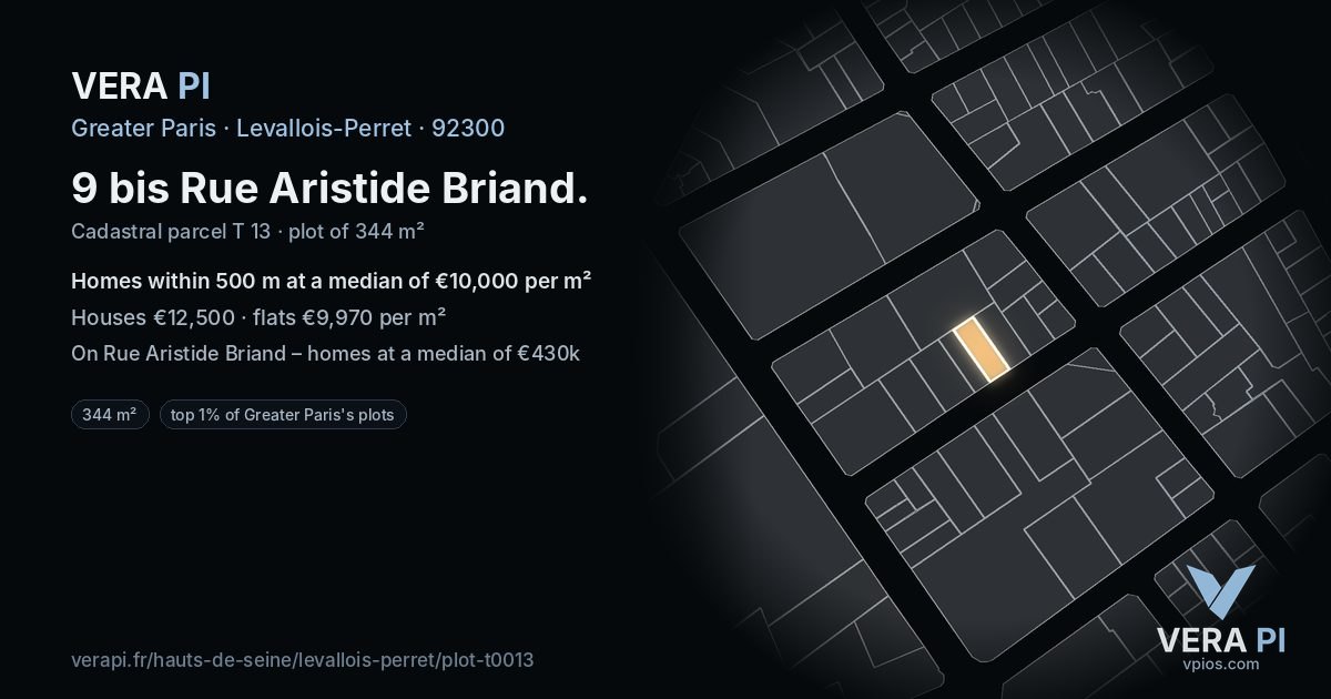 9 bis Rue Aristide Briand, Levallois-Perret at night – the plot lit, the parcels around coloured by the prices near them
