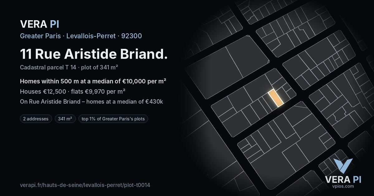 11 Rue Aristide Briand, Levallois-Perret at night – the plot lit, the parcels around coloured by the prices near them
