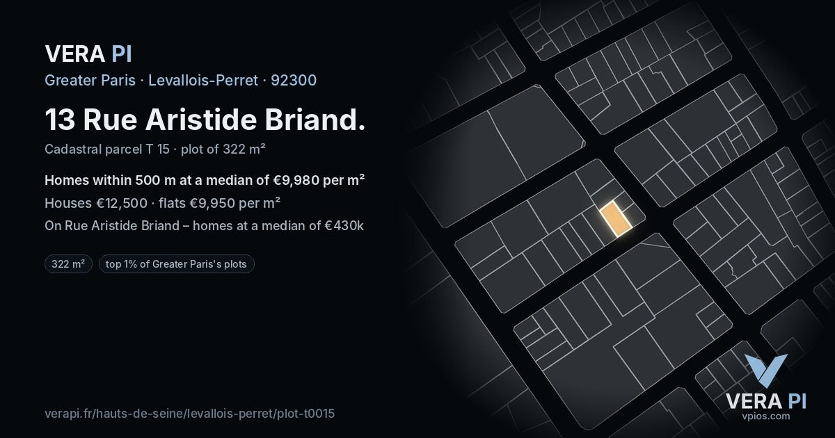 13 Rue Aristide Briand, Levallois-Perret at night – the plot lit, the parcels around coloured by the prices near them