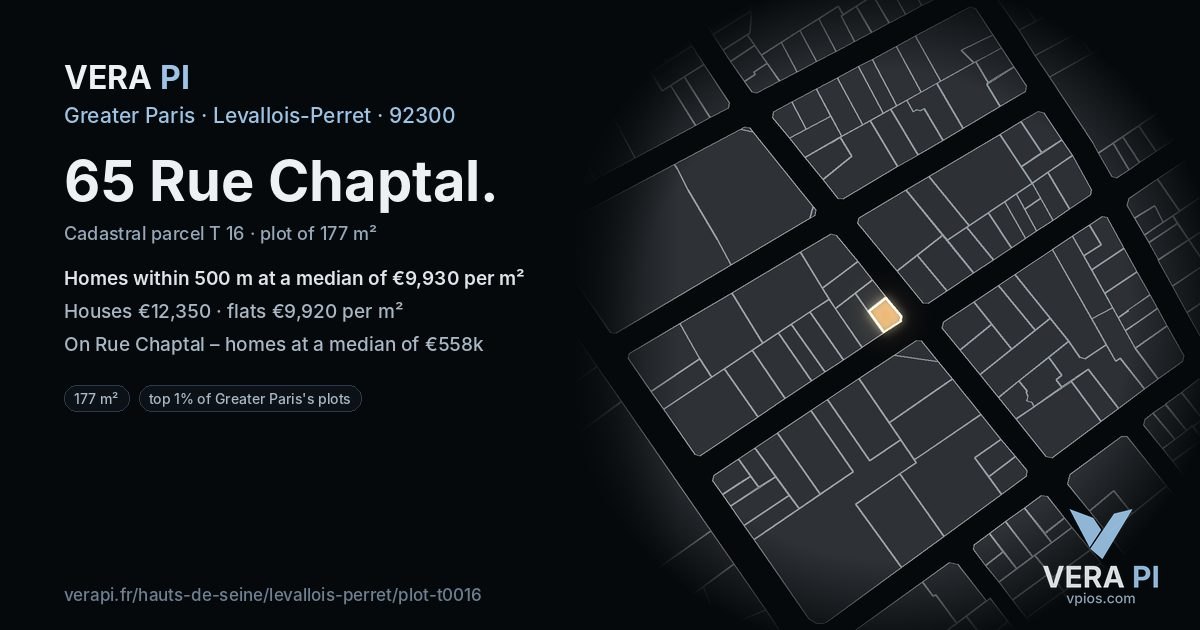 65 Rue Chaptal, Levallois-Perret at night – the plot lit, the parcels around coloured by the prices near them