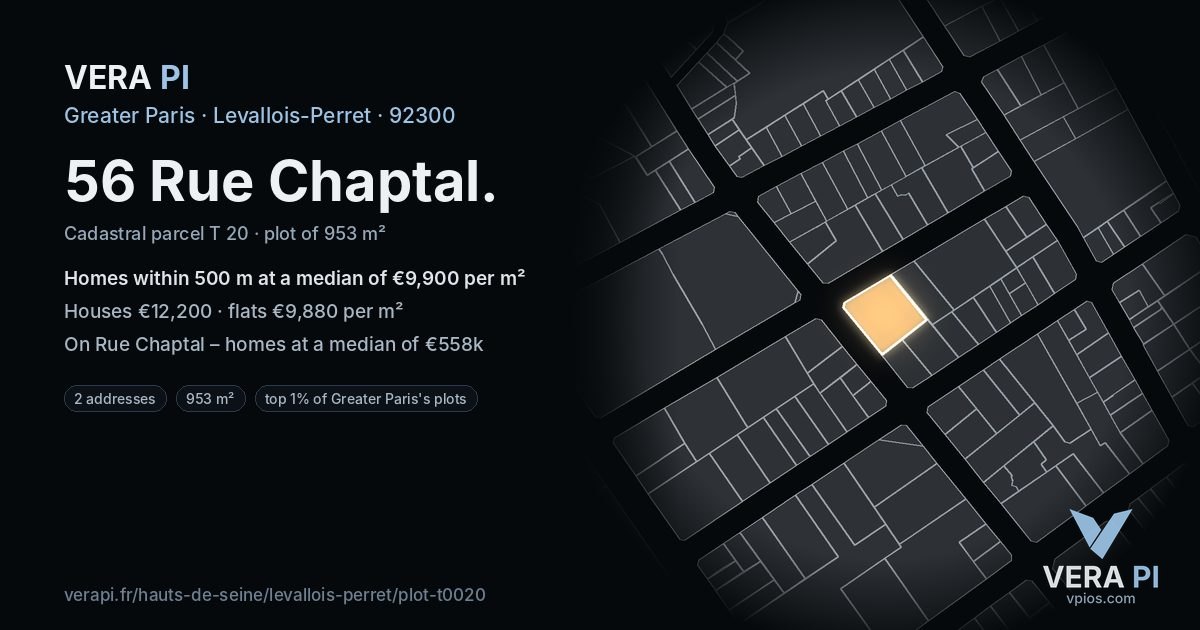 56 Rue Chaptal, Levallois-Perret at night – the plot lit, the parcels around coloured by the prices near them