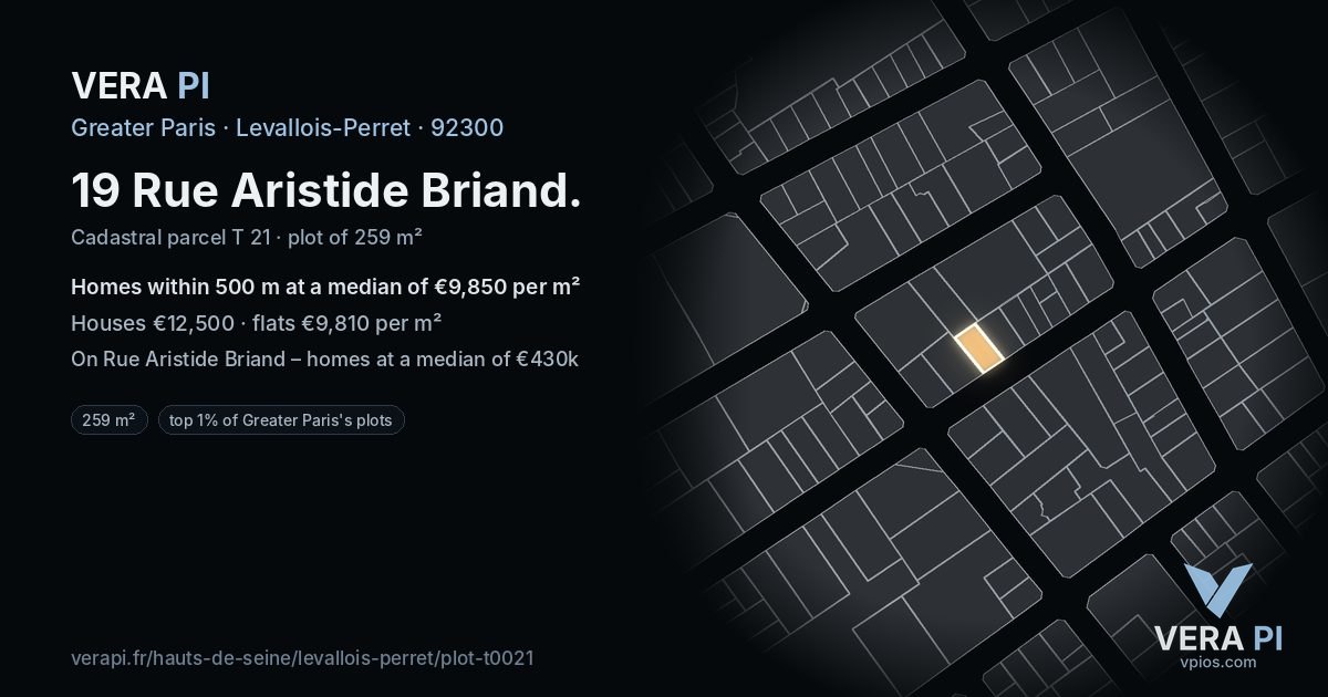 19 Rue Aristide Briand, Levallois-Perret at night – the plot lit, the parcels around coloured by the prices near them