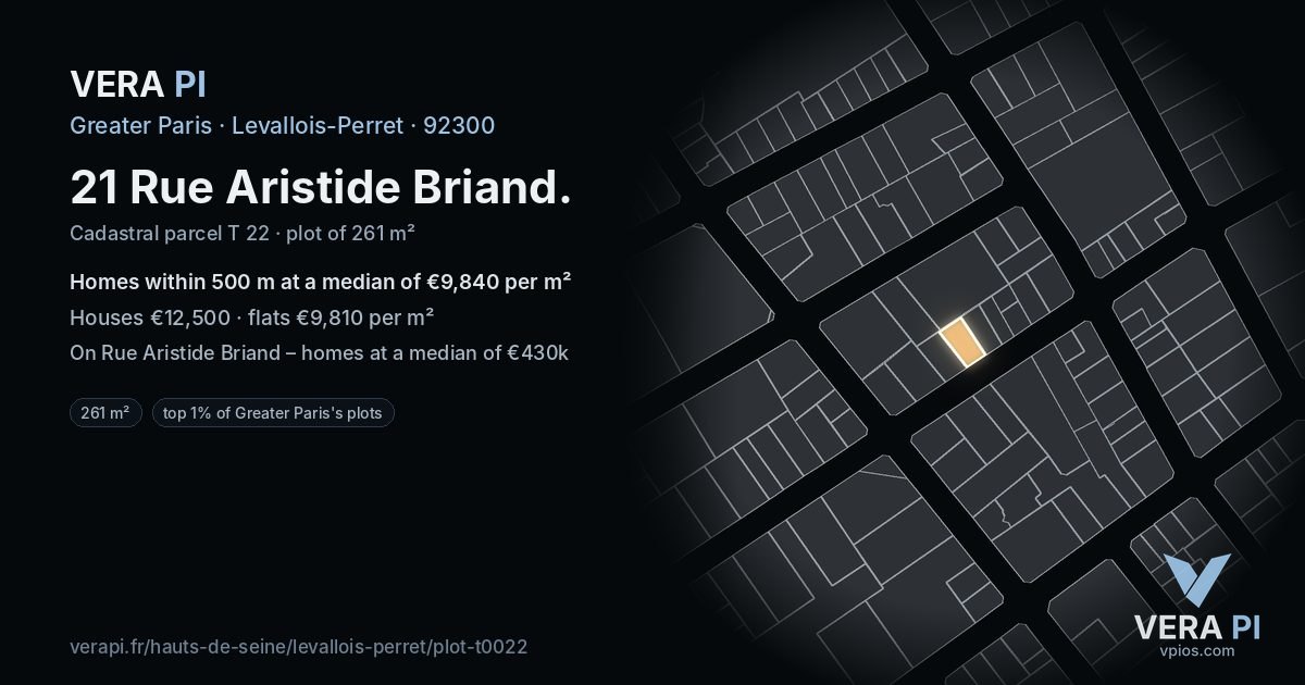 21 Rue Aristide Briand, Levallois-Perret at night – the plot lit, the parcels around coloured by the prices near them