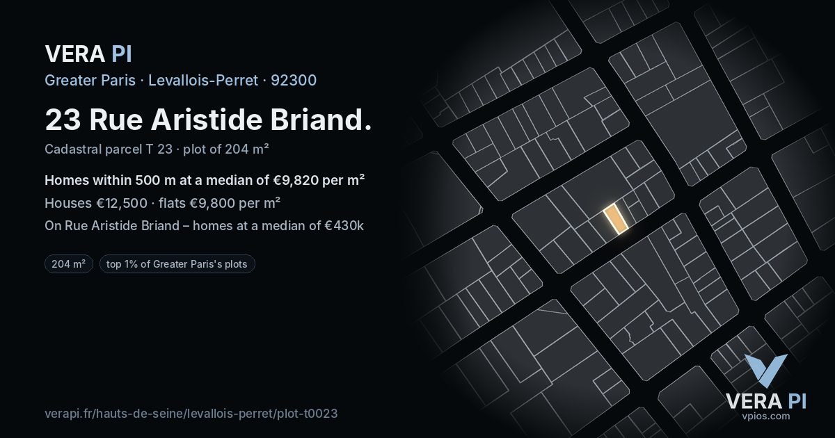 23 Rue Aristide Briand, Levallois-Perret at night – the plot lit, the parcels around coloured by the prices near them