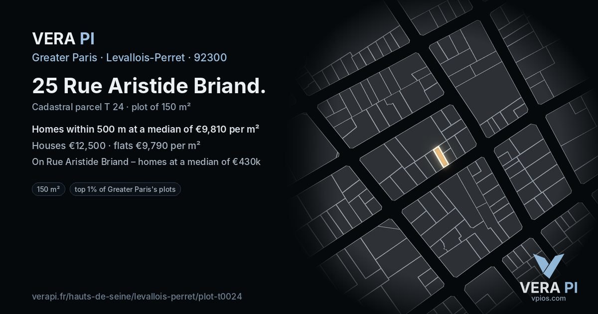 25 Rue Aristide Briand, Levallois-Perret at night – the plot lit, the parcels around coloured by the prices near them