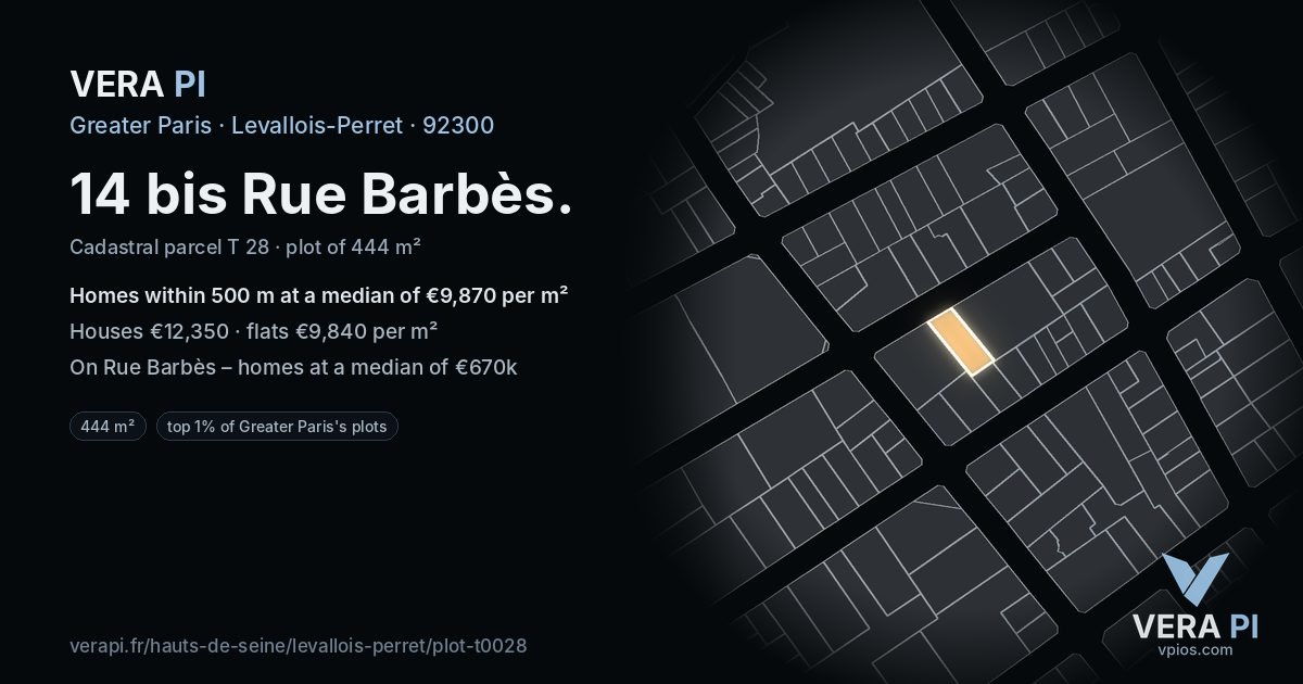 14 bis Rue Barbès, Levallois-Perret at night – the plot lit, the parcels around coloured by the prices near them