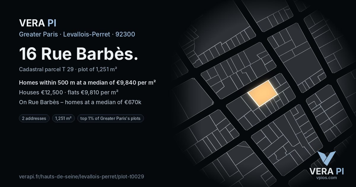 16 Rue Barbès, Levallois-Perret at night – the plot lit, the parcels around coloured by the prices near them