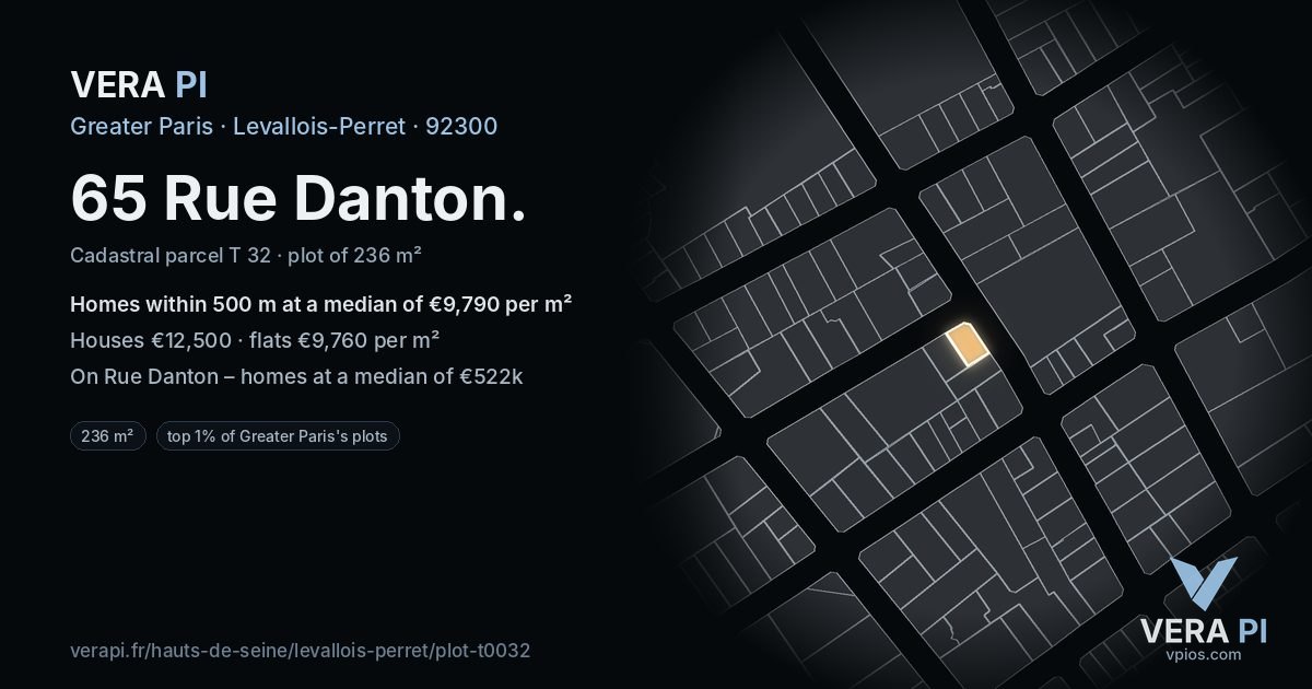 65 Rue Danton, Levallois-Perret at night – the plot lit, the parcels around coloured by the prices near them