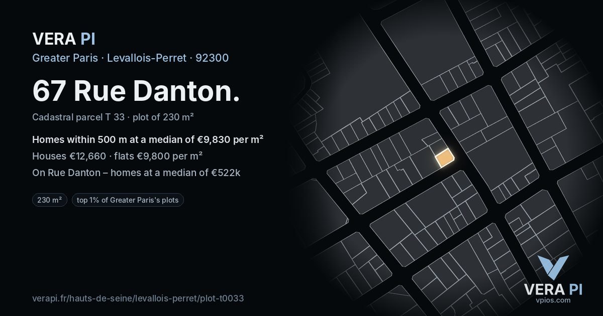 67 Rue Danton, Levallois-Perret at night – the plot lit, the parcels around coloured by the prices near them