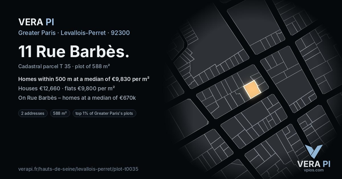 11 Rue Barbès, Levallois-Perret at night – the plot lit, the parcels around coloured by the prices near them