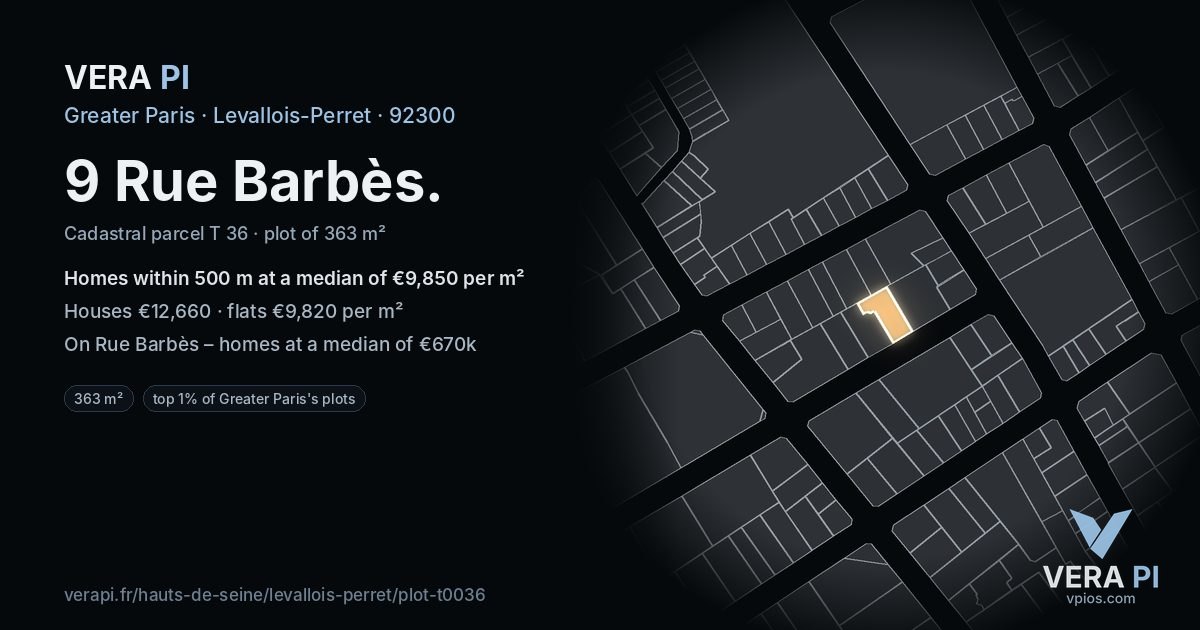 9 Rue Barbès, Levallois-Perret at night – the plot lit, the parcels around coloured by the prices near them