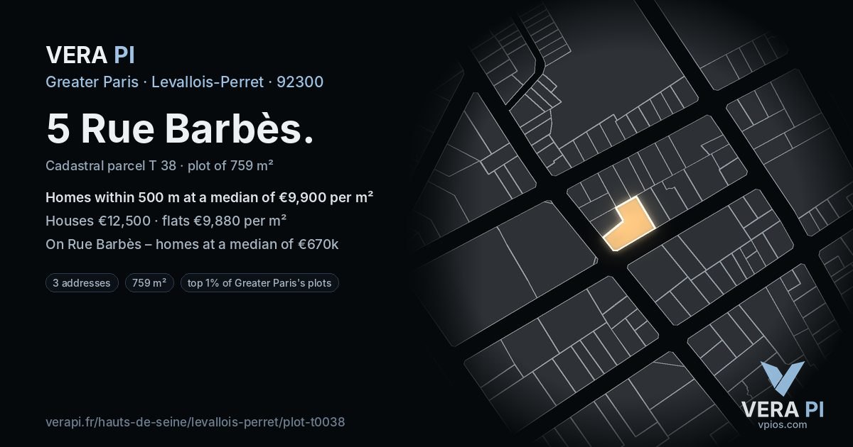 5 Rue Barbès, Levallois-Perret at night – the plot lit, the parcels around coloured by the prices near them