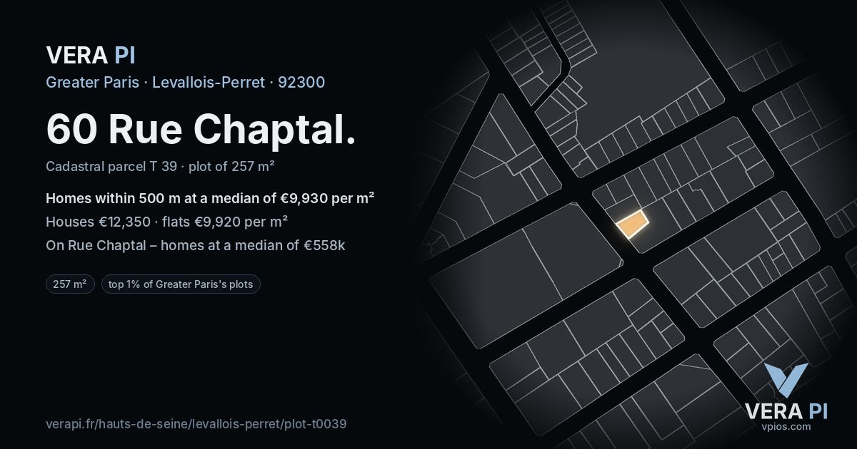 60 Rue Chaptal, Levallois-Perret at night – the plot lit, the parcels around coloured by the prices near them