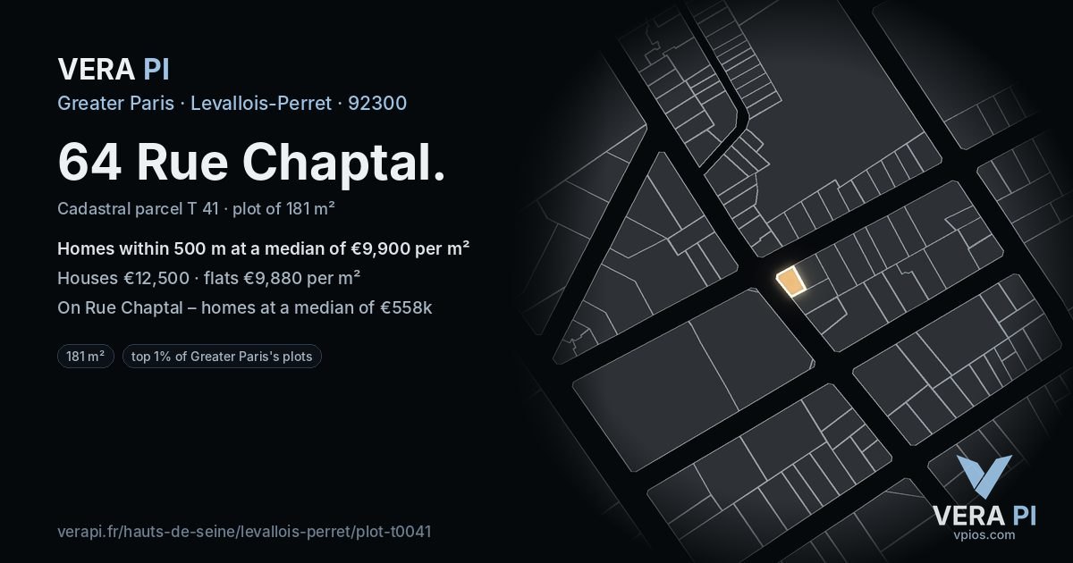 64 Rue Chaptal, Levallois-Perret at night – the plot lit, the parcels around coloured by the prices near them