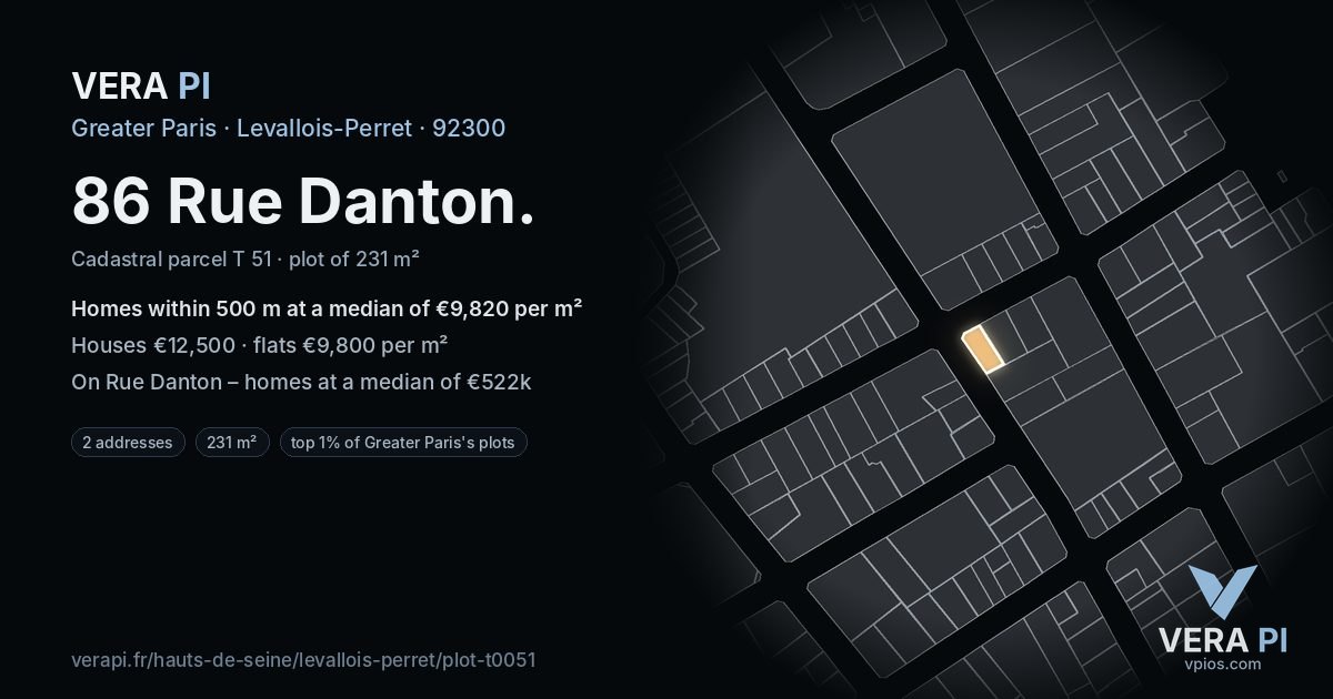 86 Rue Danton, Levallois-Perret at night – the plot lit, the parcels around coloured by the prices near them