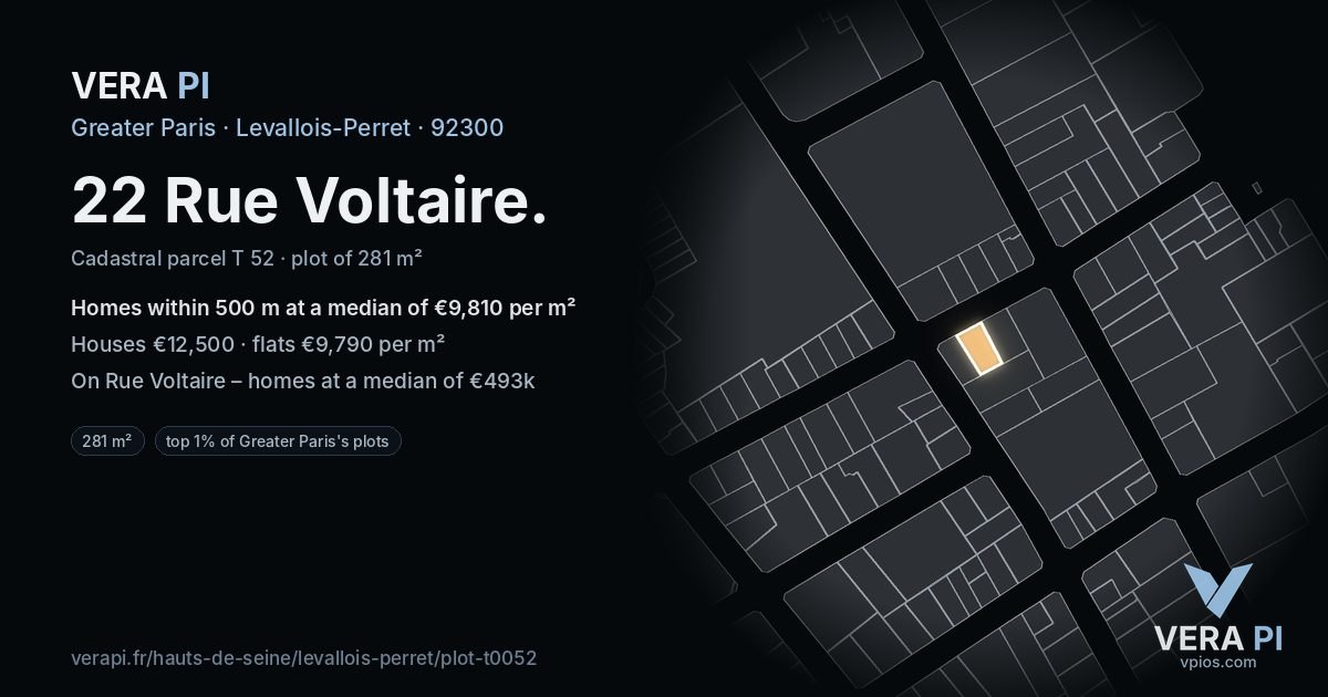 22 Rue Voltaire, Levallois-Perret at night – the plot lit, the parcels around coloured by the prices near them