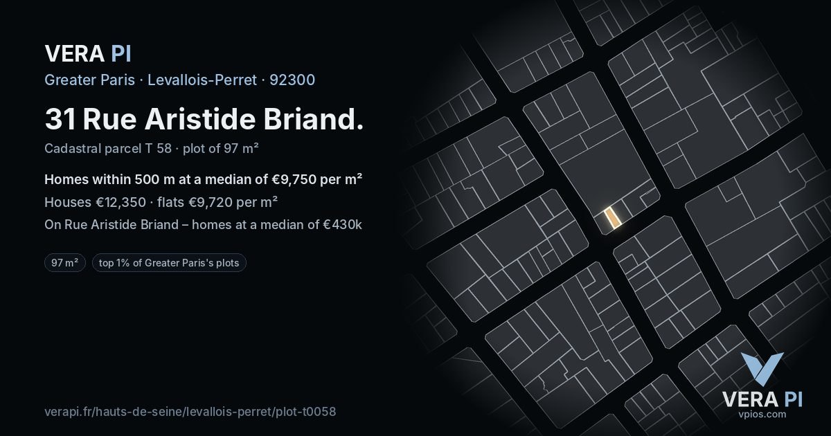 31 Rue Aristide Briand, Levallois-Perret at night – the plot lit, the parcels around coloured by the prices near them