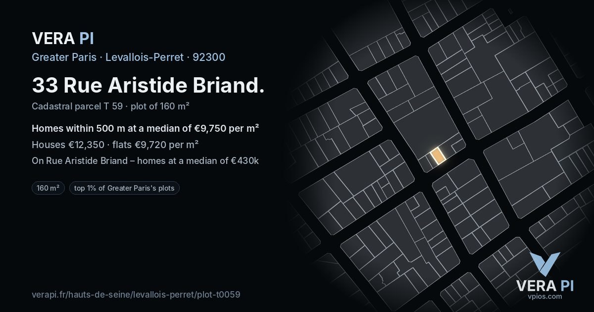 33 Rue Aristide Briand, Levallois-Perret at night – the plot lit, the parcels around coloured by the prices near them