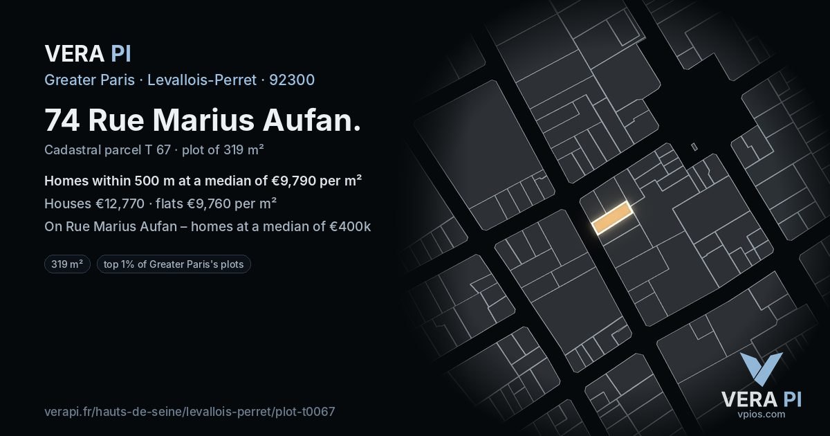 74 Rue Marius Aufan, Levallois-Perret at night – the plot lit, the parcels around coloured by the prices near them