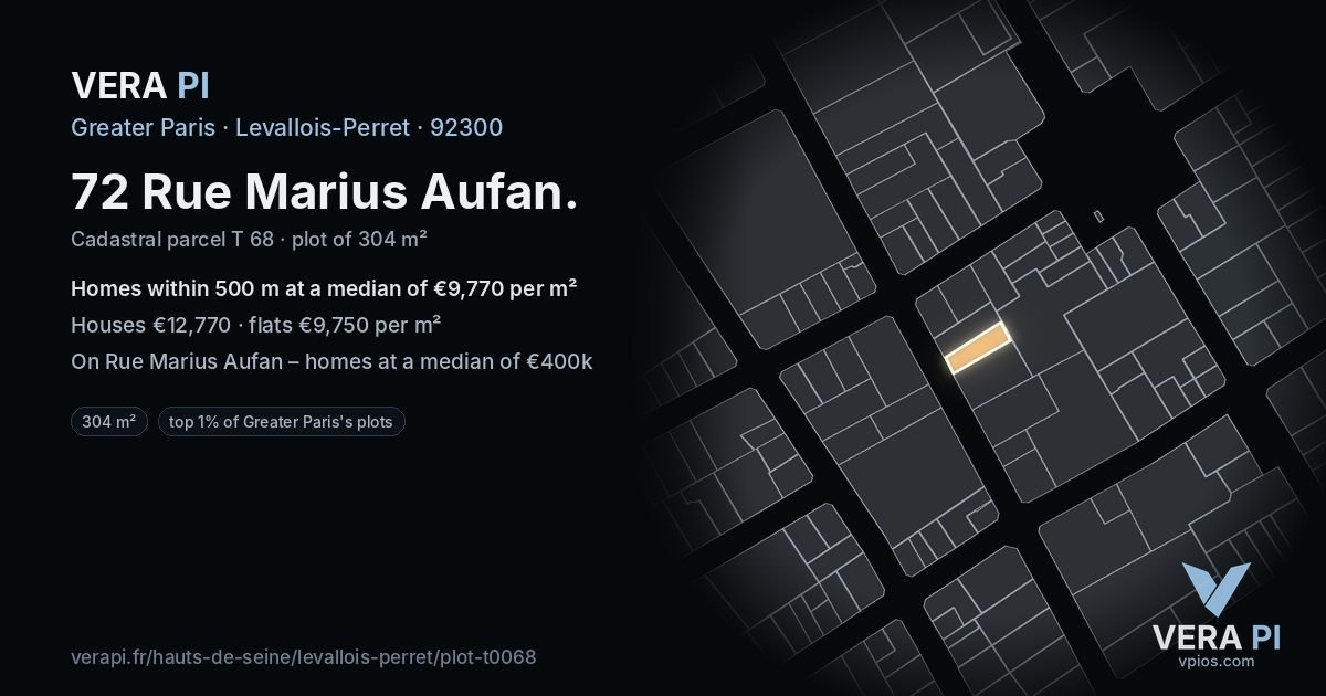 72 Rue Marius Aufan, Levallois-Perret at night – the plot lit, the parcels around coloured by the prices near them