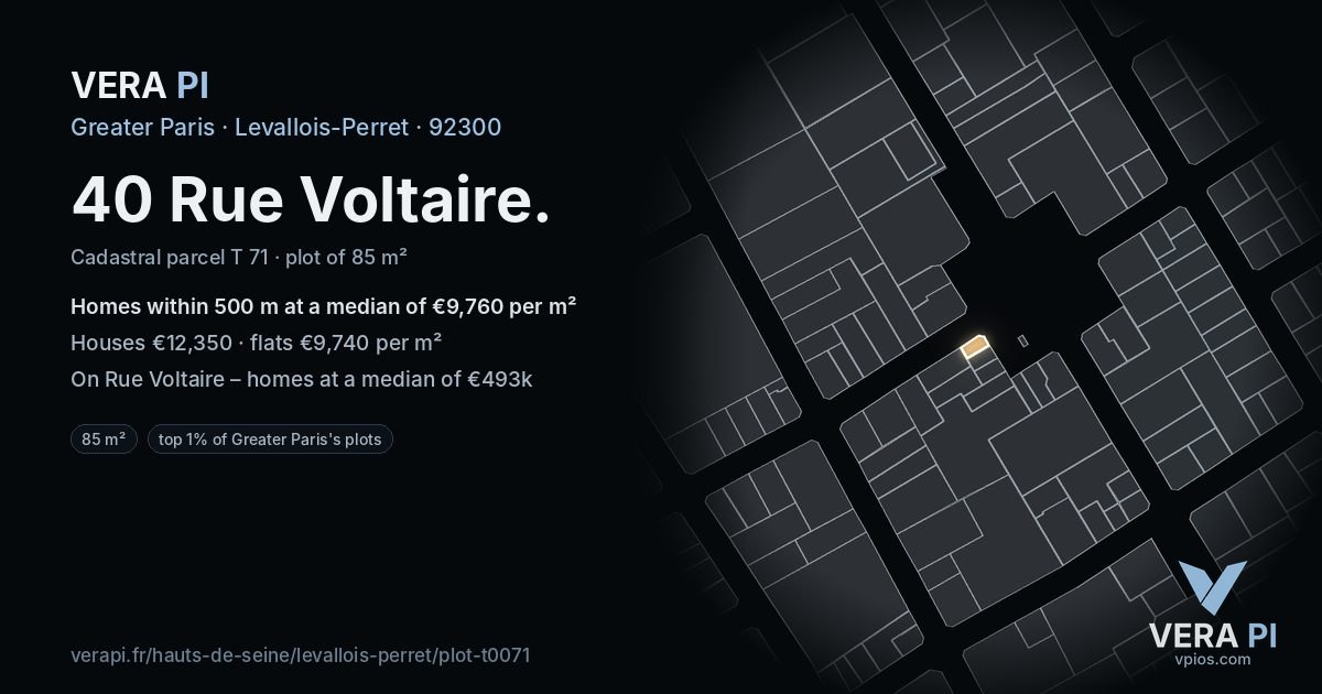 40 Rue Voltaire, Levallois-Perret at night – the plot lit, the parcels around coloured by the prices near them