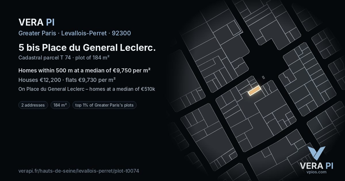 5 bis Place du General Leclerc, Levallois-Perret at night – the plot lit, the parcels around coloured by the prices near them