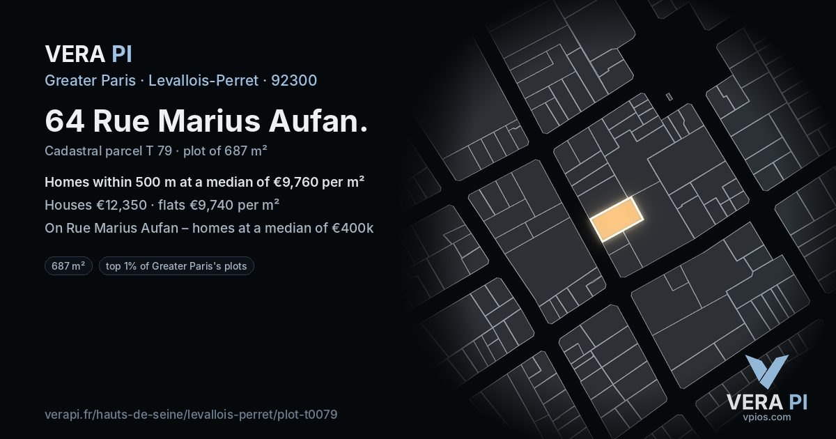 64 Rue Marius Aufan, Levallois-Perret at night – the plot lit, the parcels around coloured by the prices near them