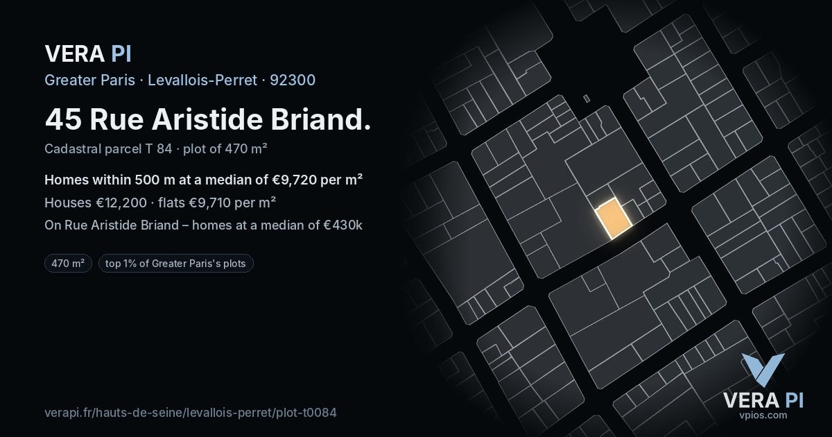 45 Rue Aristide Briand, Levallois-Perret at night – the plot lit, the parcels around coloured by the prices near them