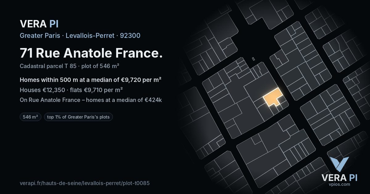 71 Rue Anatole France, Levallois-Perret at night – the plot lit, the parcels around coloured by the prices near them