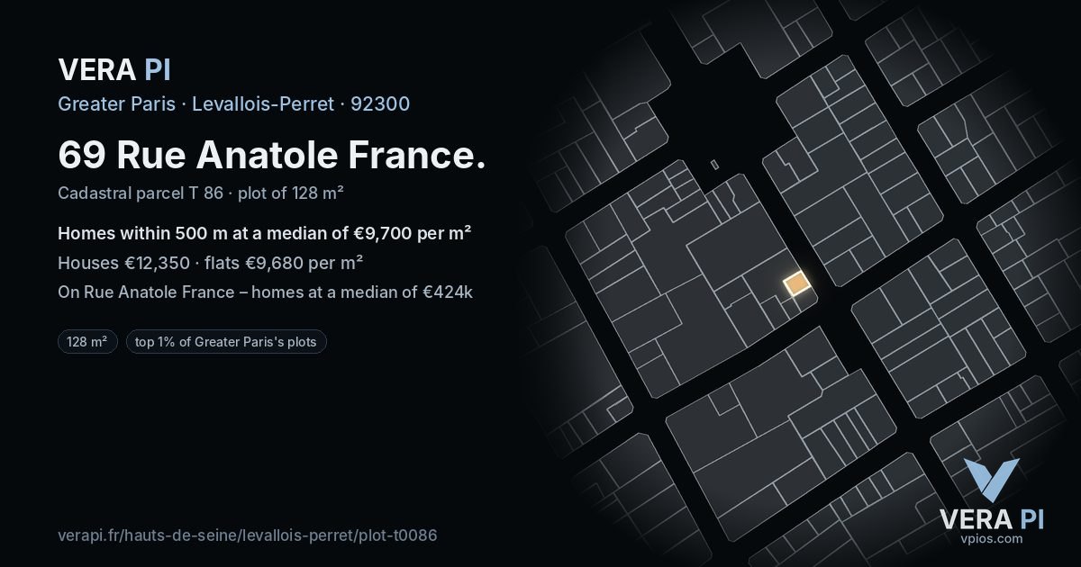 69 Rue Anatole France, Levallois-Perret at night – the plot lit, the parcels around coloured by the prices near them