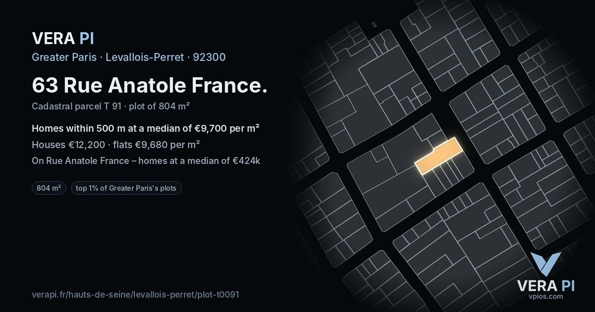 63 Rue Anatole France, Levallois-Perret at night – the plot lit, the parcels around coloured by the prices near them