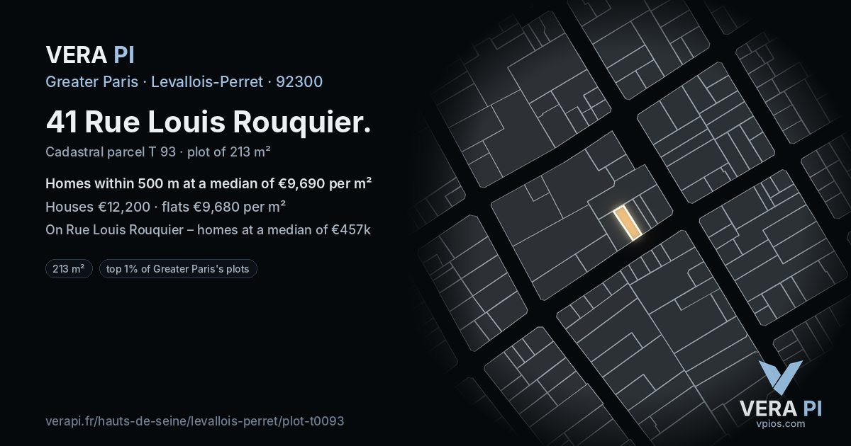 41 Rue Louis Rouquier, Levallois-Perret at night – the plot lit, the parcels around coloured by the prices near them