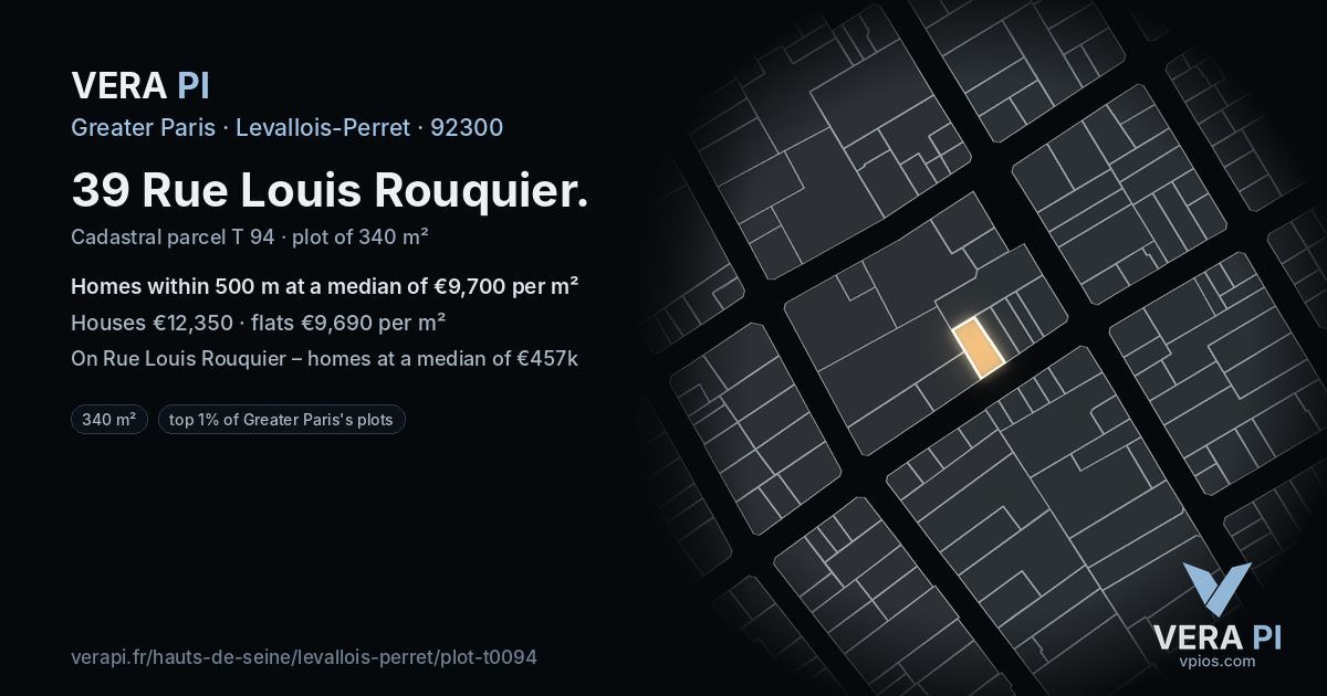 39 Rue Louis Rouquier, Levallois-Perret at night – the plot lit, the parcels around coloured by the prices near them